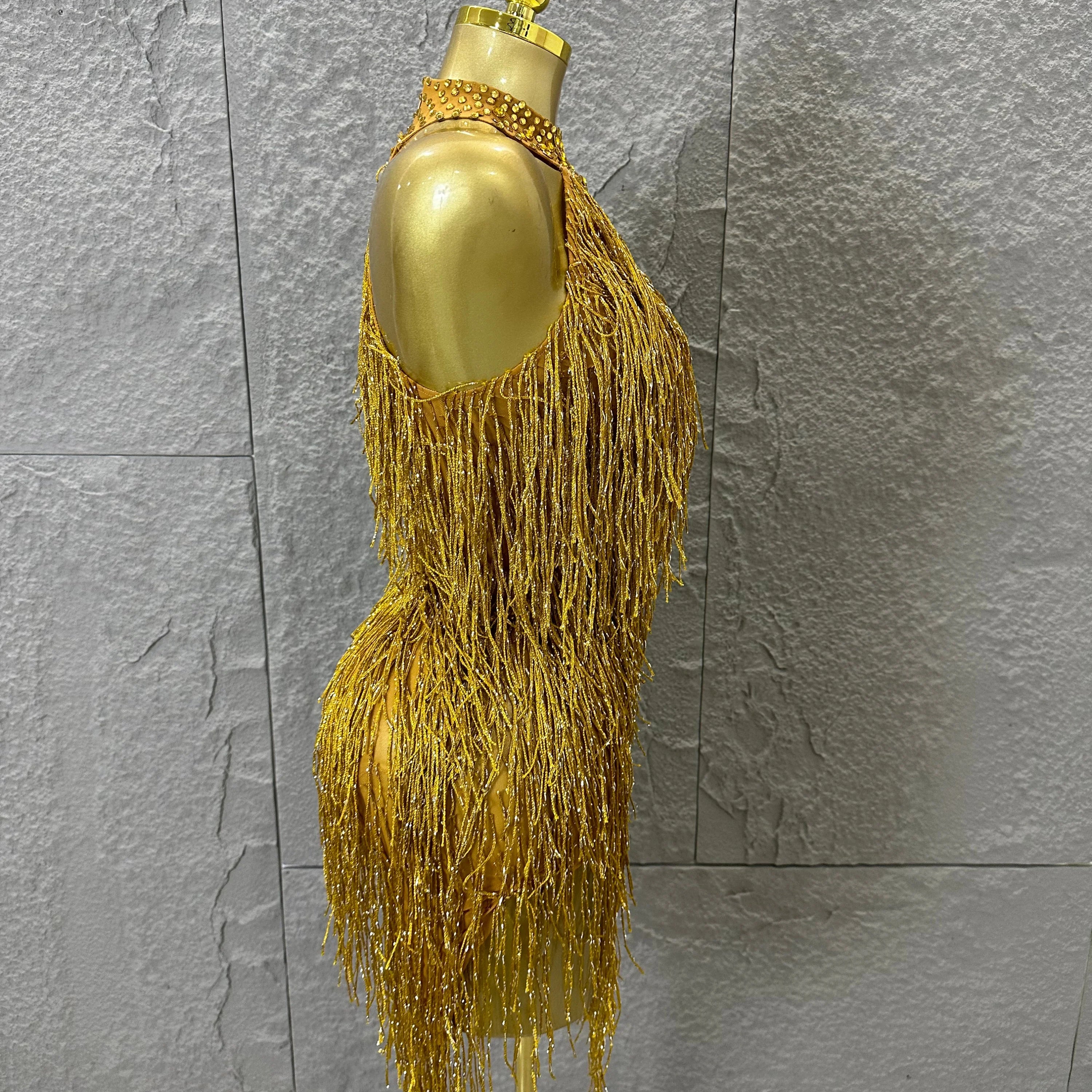 Luxury Gold Halter Neck Mini Dress Women Sexy Crystal Embellished Fringe Trim Form-Fitting Outfit Formal Event Party Costume