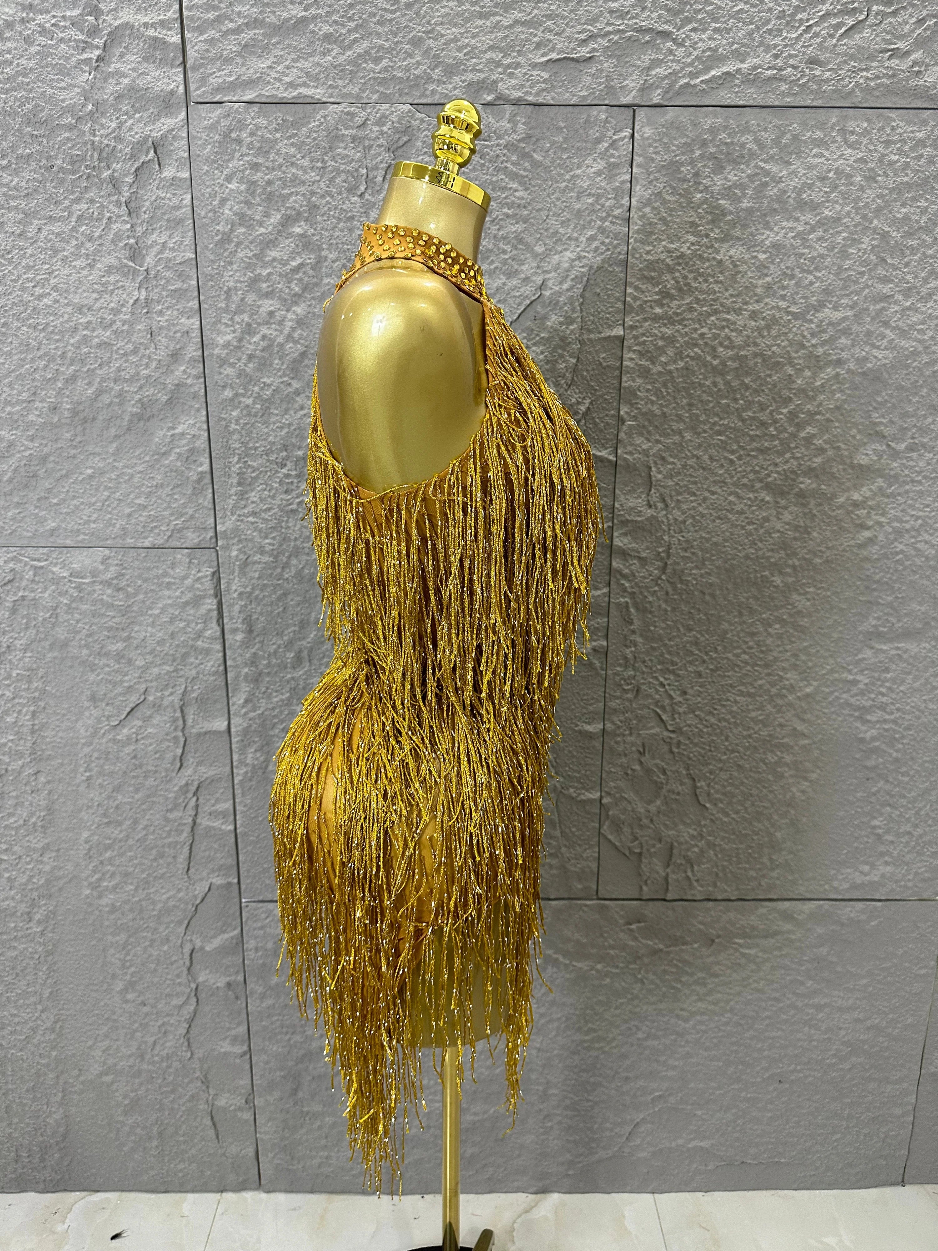 Luxury Gold Halter Neck Mini Dress Women Sexy Crystal Embellished Fringe Trim Form-Fitting Outfit Formal Event Party Costume