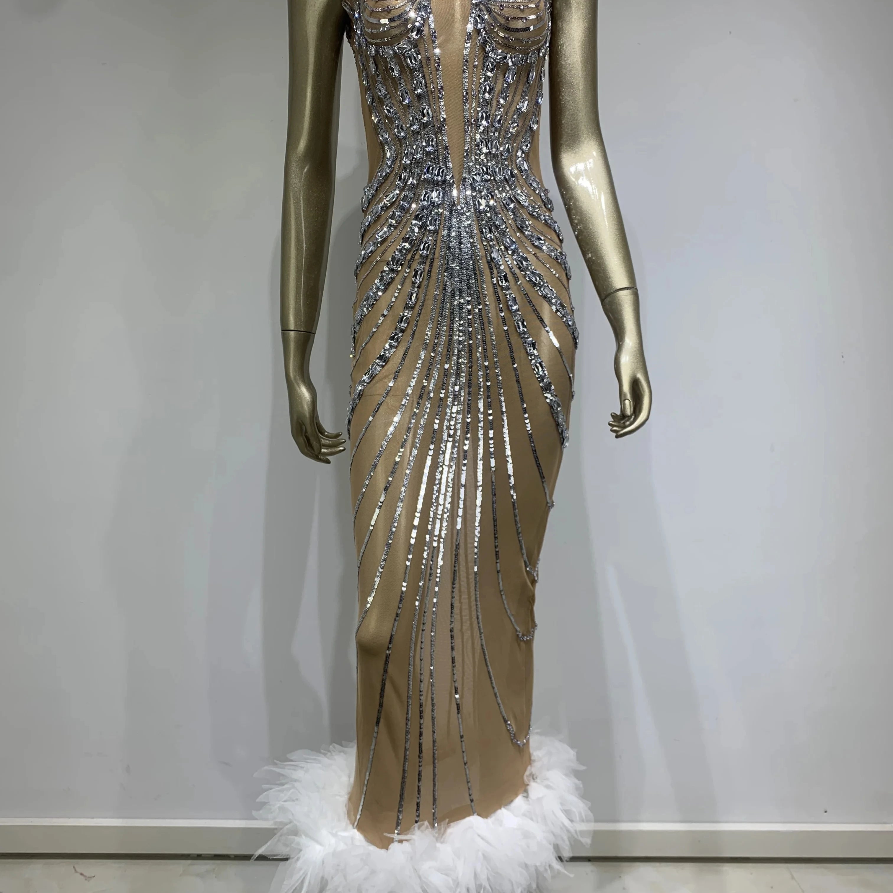 Stock Women Luxury Sexy Mesh Sequins Crystal Diamonds Feather Dress Birthday Party Costume Bar Nightclub Stage Performance Dress