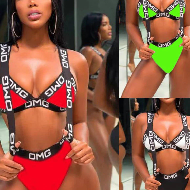 Neon Women Swimsuit Push Up Bikini Swimwear High Waist Bathing Suit OMG Letter Print One Piece Monokini Beachwear Swimsuit