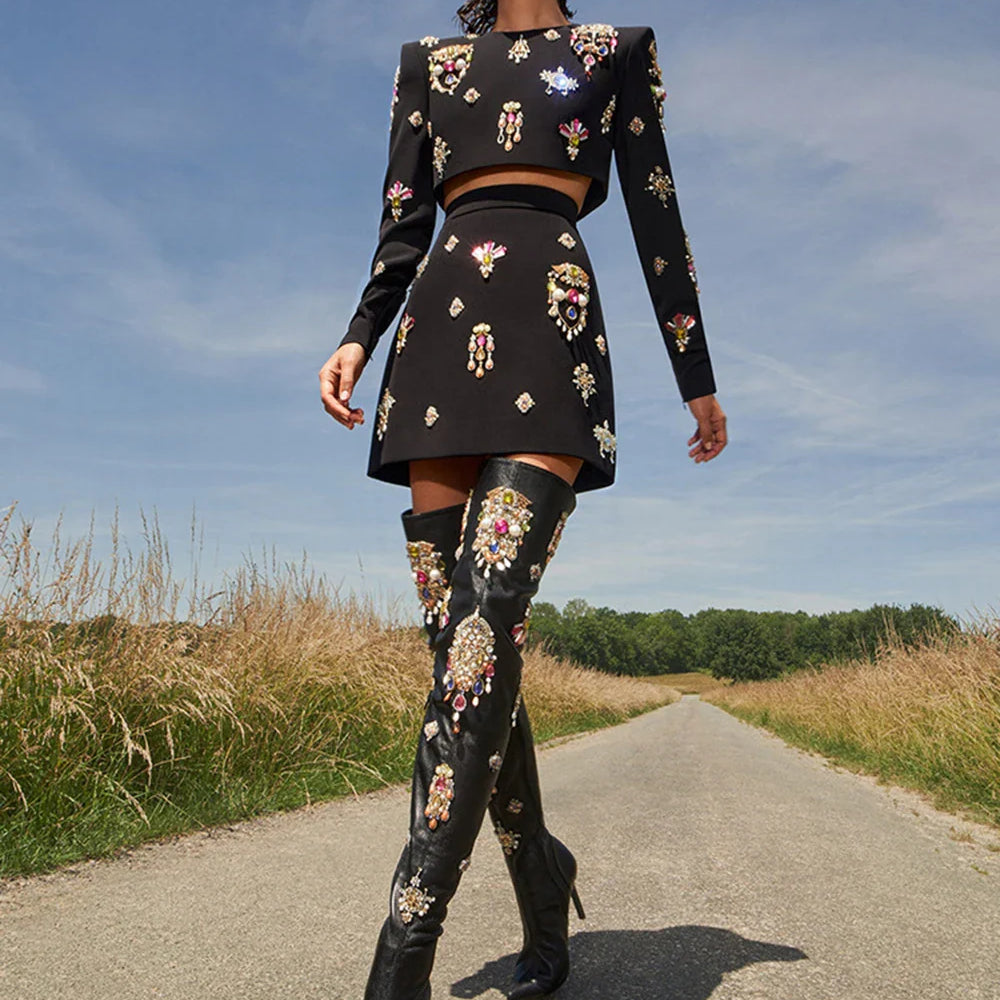 Ailigou 2023 New Autumn Women's Fashion Sexy Luxury Colorful Diamond Bead Short Top+Dress Black Two Piece Set