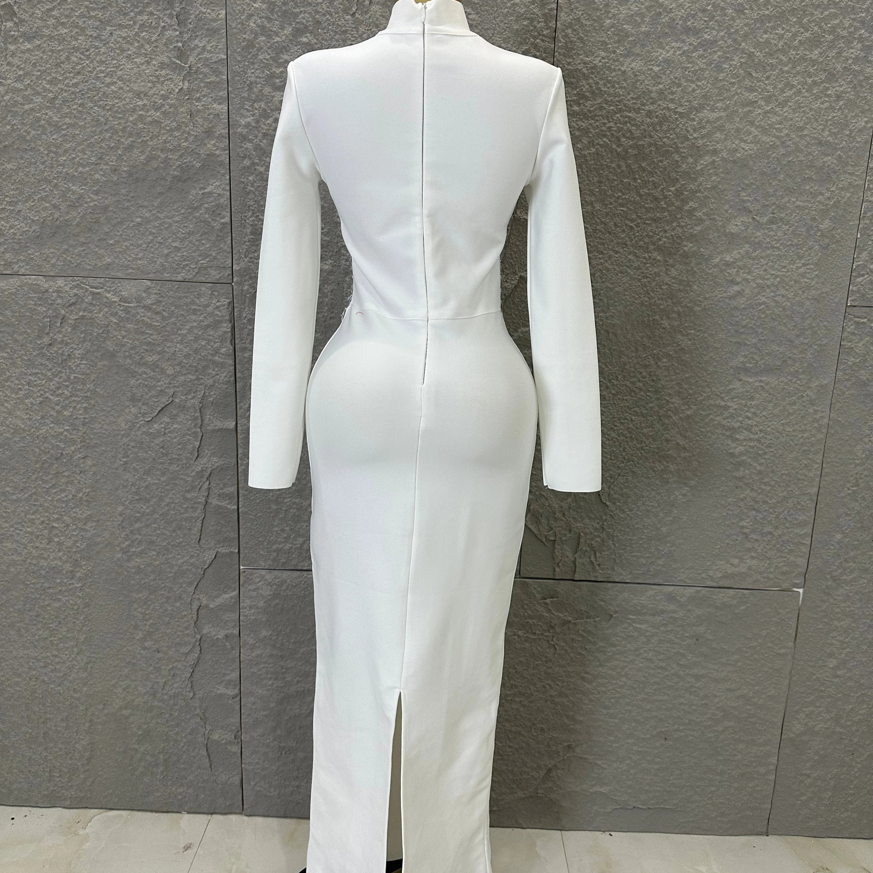2026 White High Neck Maxi Dress Women Sexy Long Sleeve Full Crystal Waist Embellished Form-Fitting Outfit Cocktail Party Costume