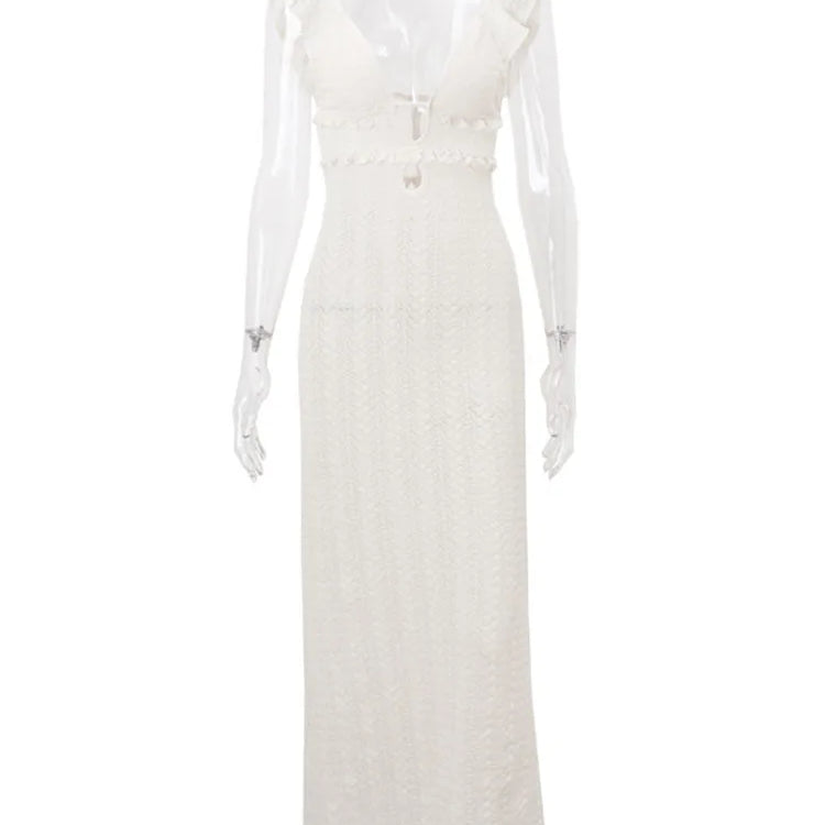 TARUXY Deep V Neck Sexy Dresses Women Sleeveless Slim High Waist Long Dress Femme Elegant Holiday Knitted Beach Dress Woman 2024