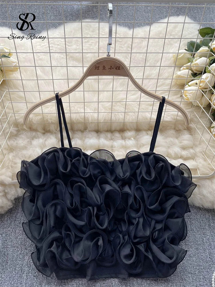 SINGREINY French Style Sheath Solid Sexy Camisole Female 3D Flowers Elastic Tops Ladies Holiday Short Sweet Streetwear Camis black One Size