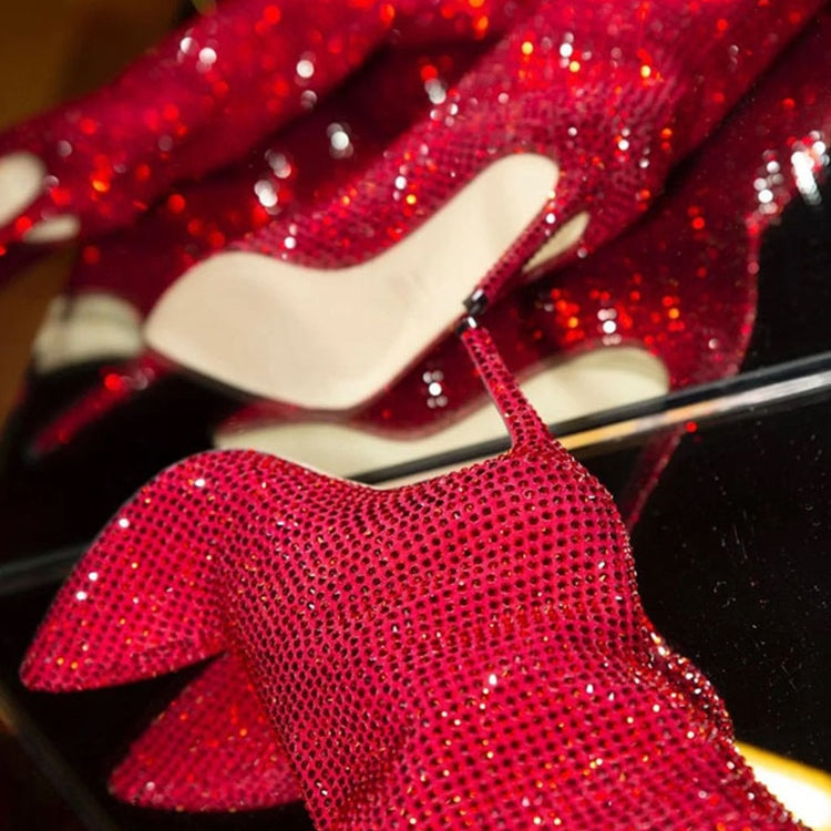 Women's New European and American Fashion Show Starry Sky High-heeled Rhinestone Pointed Nightclub Four Seasons Boots red 9cm