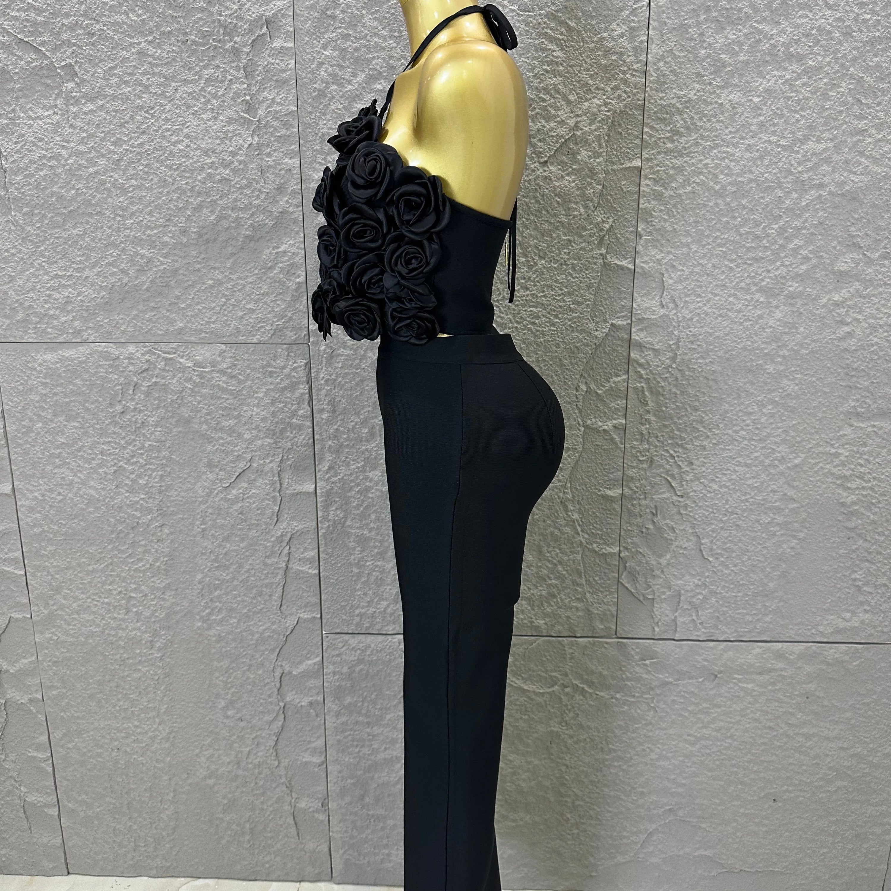 Elegant Two Piece Set Women Halter 3D Flower Crop Top High Waist Flare Pants Bandage Suit Party Casual Formal Wear