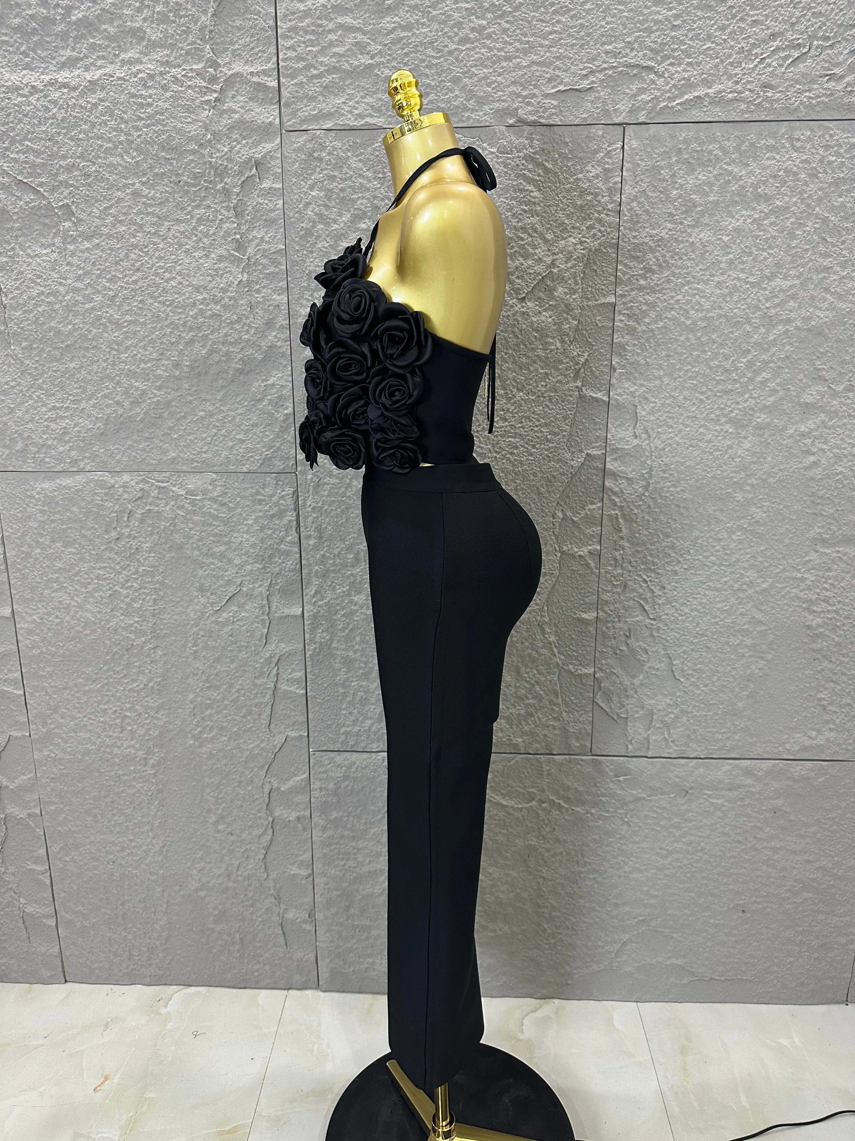 Elegant Two Piece Set Women Halter 3D Flower Crop Top High Waist Flare Pants Bandage Suit Party Casual Formal Wear