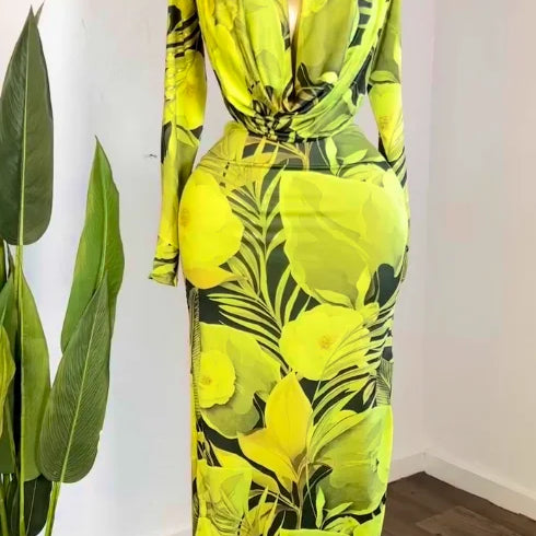 Women Rose Printed Long Sleeve Pile Neck Bodycon Midi Maxi Long Dress 2025 Summer Birthday Vacation Sexy Party Dresses Yellow