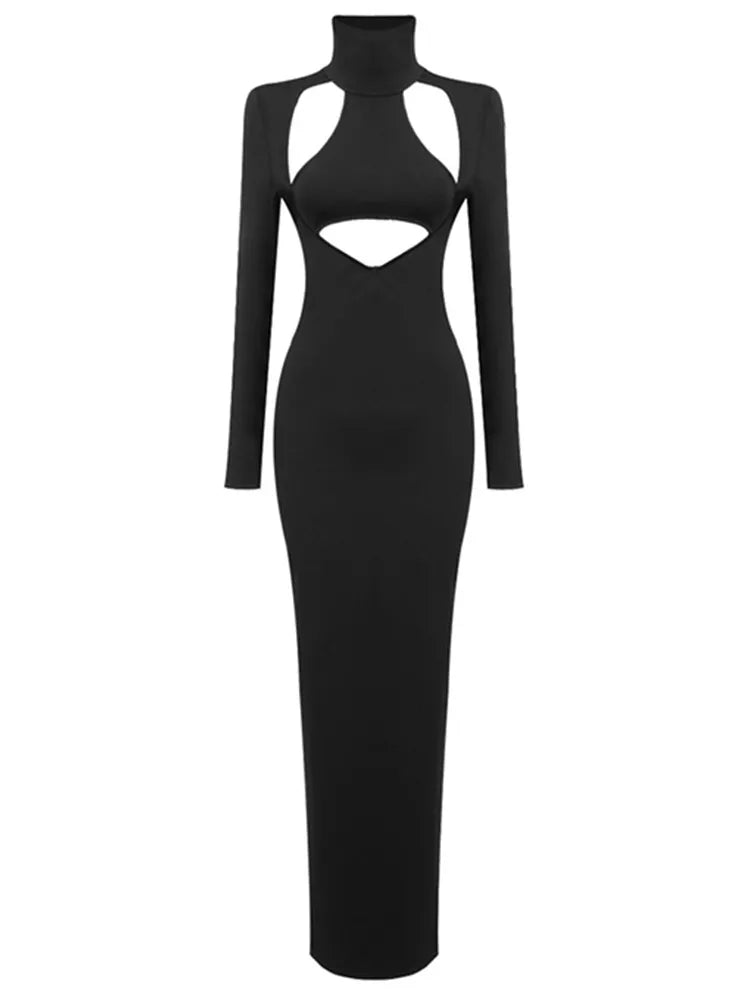 Winter 2023 Sexy Cut Out Black Turtleneck Bodycon Maxi Long Women Celebrity Fashion Evening Party Club Dress Vestido