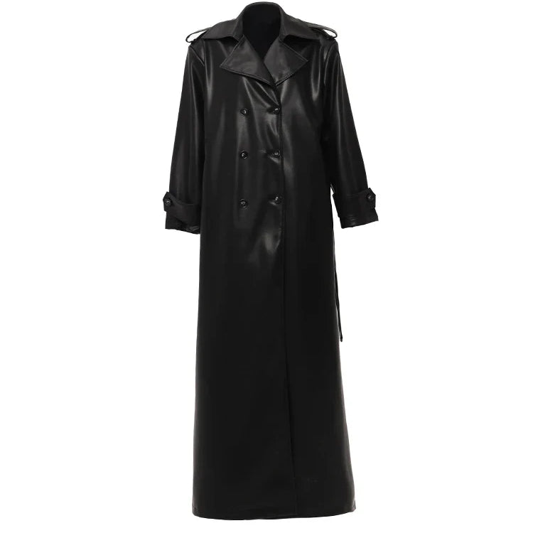 Spring Autumn Extra Long Black Soft Pu Leather Trench Coat for Women Double Breasted Loose Casual Korean Fashion 2024