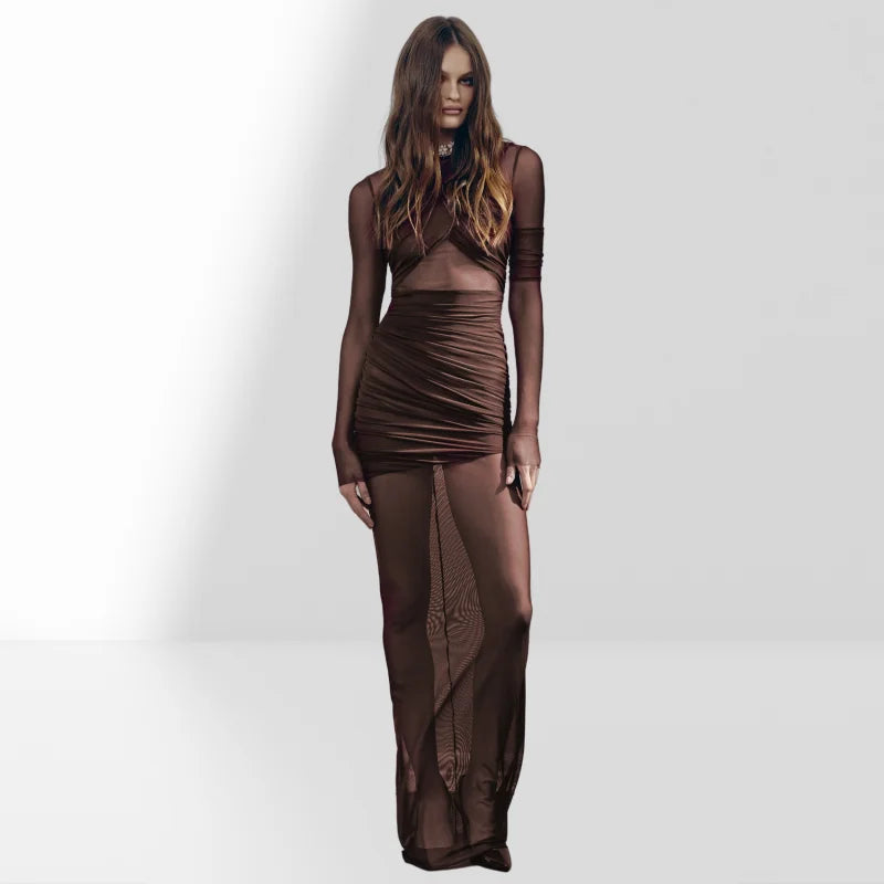 Chocolate Color Sexy See Through Mesh Sheath Ankle Length Dress Fashion Woman Evening Party Dress Holiday Vacation Outfit