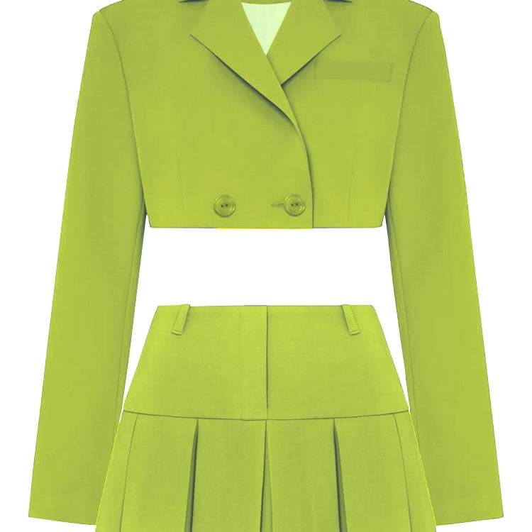 Taruxy Casual Two Piece Sets Women's Fall Outfits 2022 New Black Matching Sets With Skirt And Blazer Cropped Top Suit For Women Green Suit