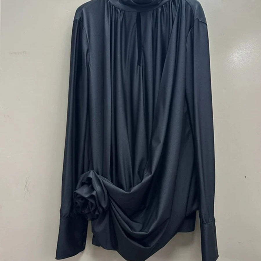 Solid Slimming Fashion Mini Dresses for Women High Waist Patchwork 3D Flower Temperament Dress Female Clothing New BLACK