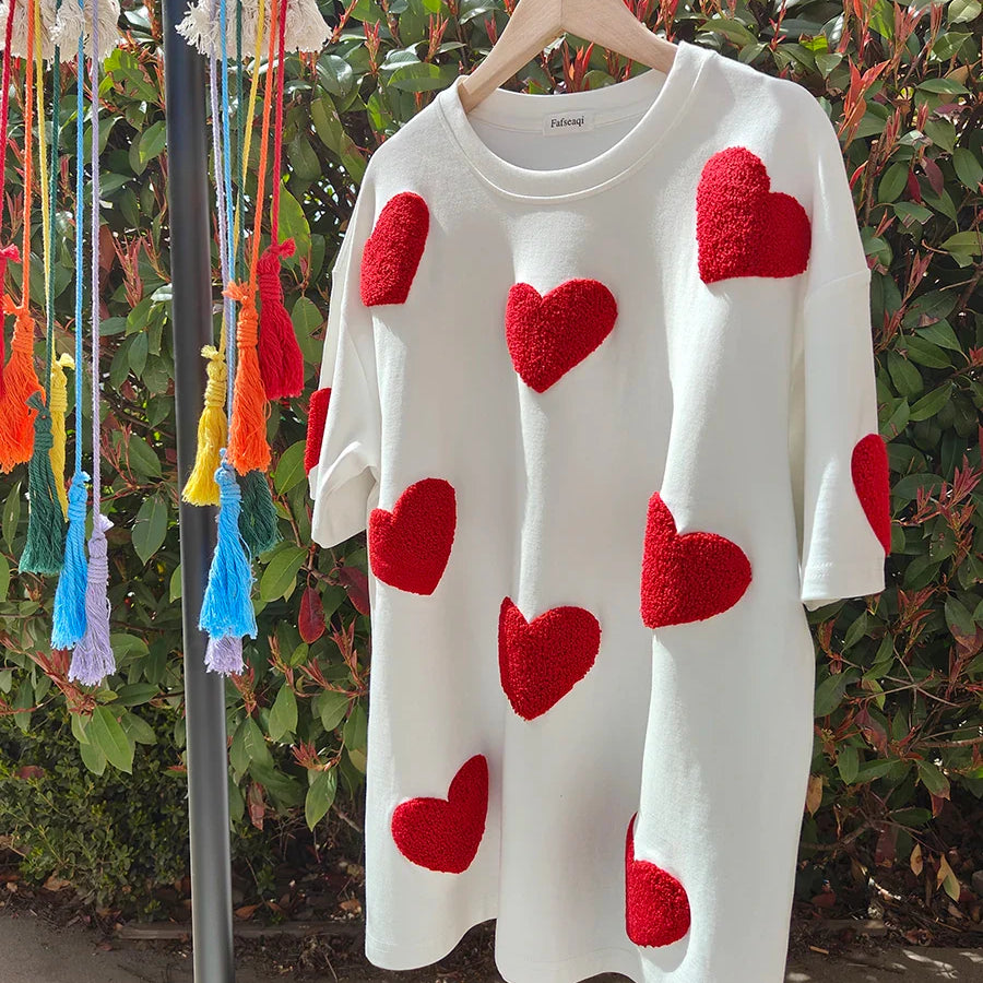 White 100% Cotton T-shirt for Women Summer Loose Oversized T-shirt with Heart Embroidery O-neck Pullovers Short Sleeve Tops White