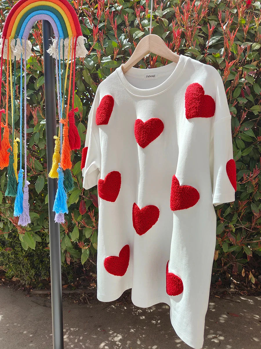 White 100% Cotton T-shirt for Women Summer Loose Oversized T-shirt with Heart Embroidery O-neck Pullovers Short Sleeve Tops White