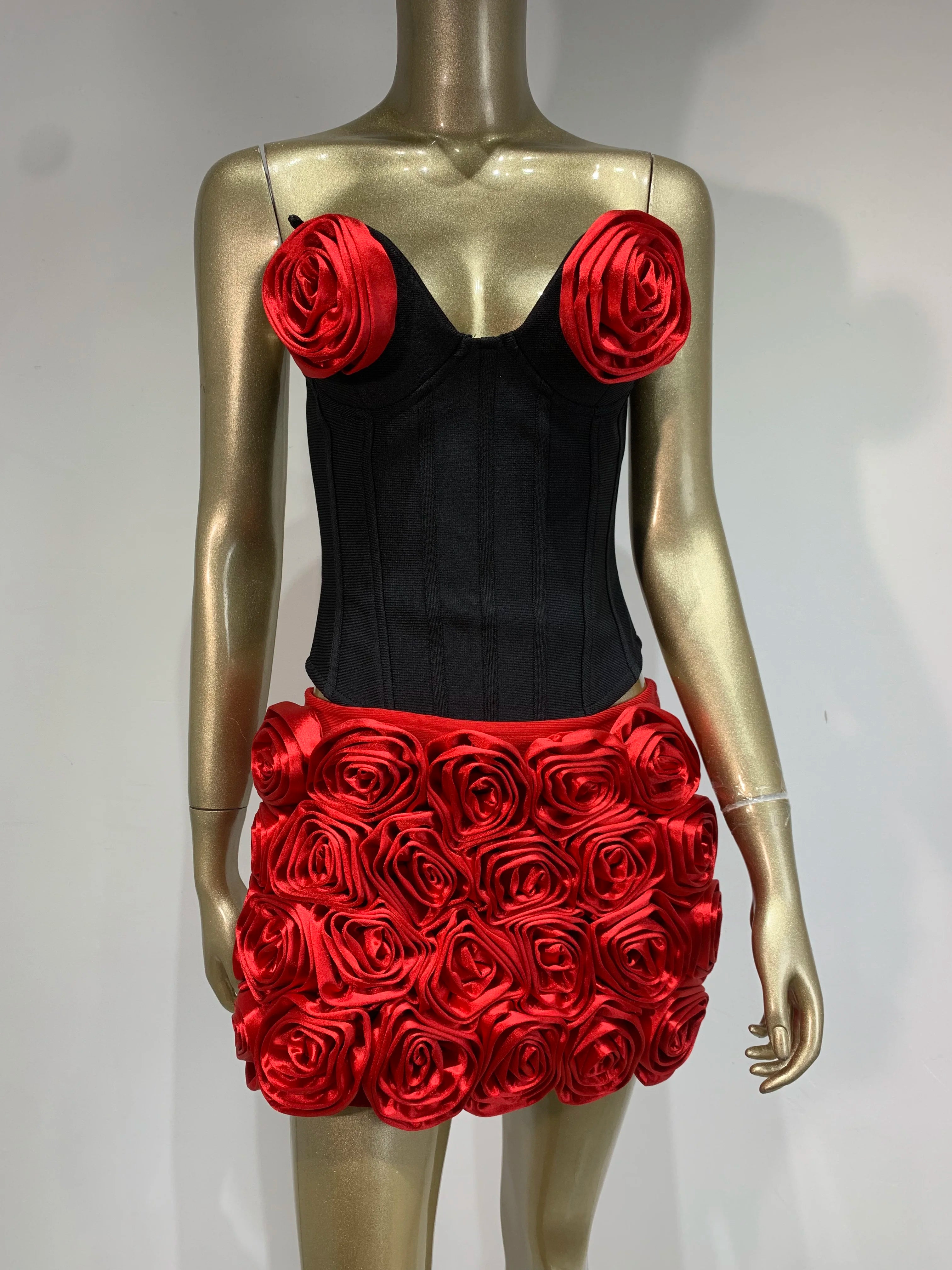 Women Sexy Strapless Zipper Patchwork Red Flower Mini Two Pieces Skirt Bandage Set 2025 Celebrity Designer Fashion Women's Set