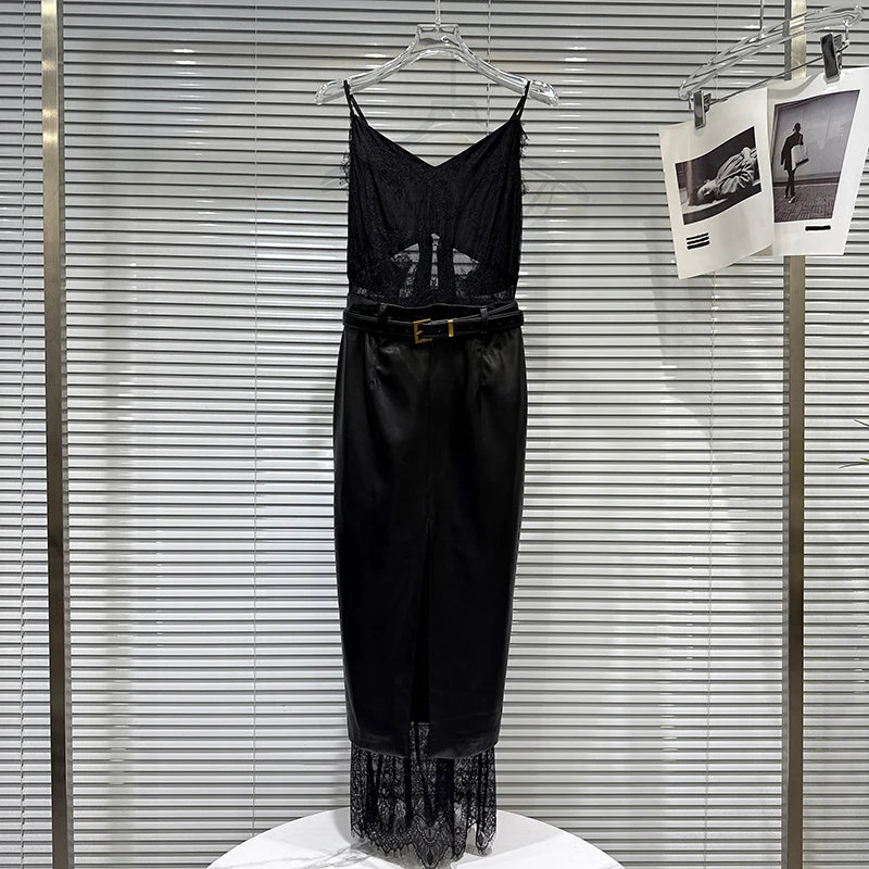 Winter New Fashion Lace Patchwork Belted Waist Slimming Base Camisole Dresses For Women Backless Dress Female 11A07669 Black