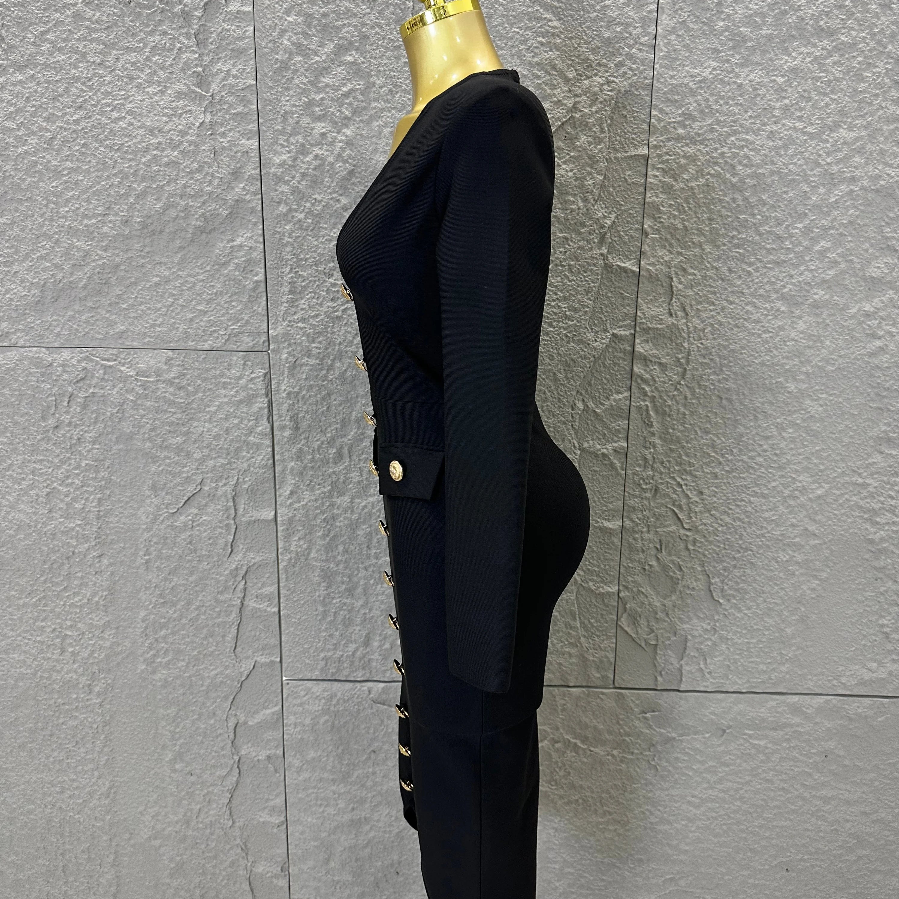 Elegant Black Deep V-Neck Midi Dress Women Sexy Long Sleeve Gold Button Form-Fitting Evening Party Cocktail Party Costume