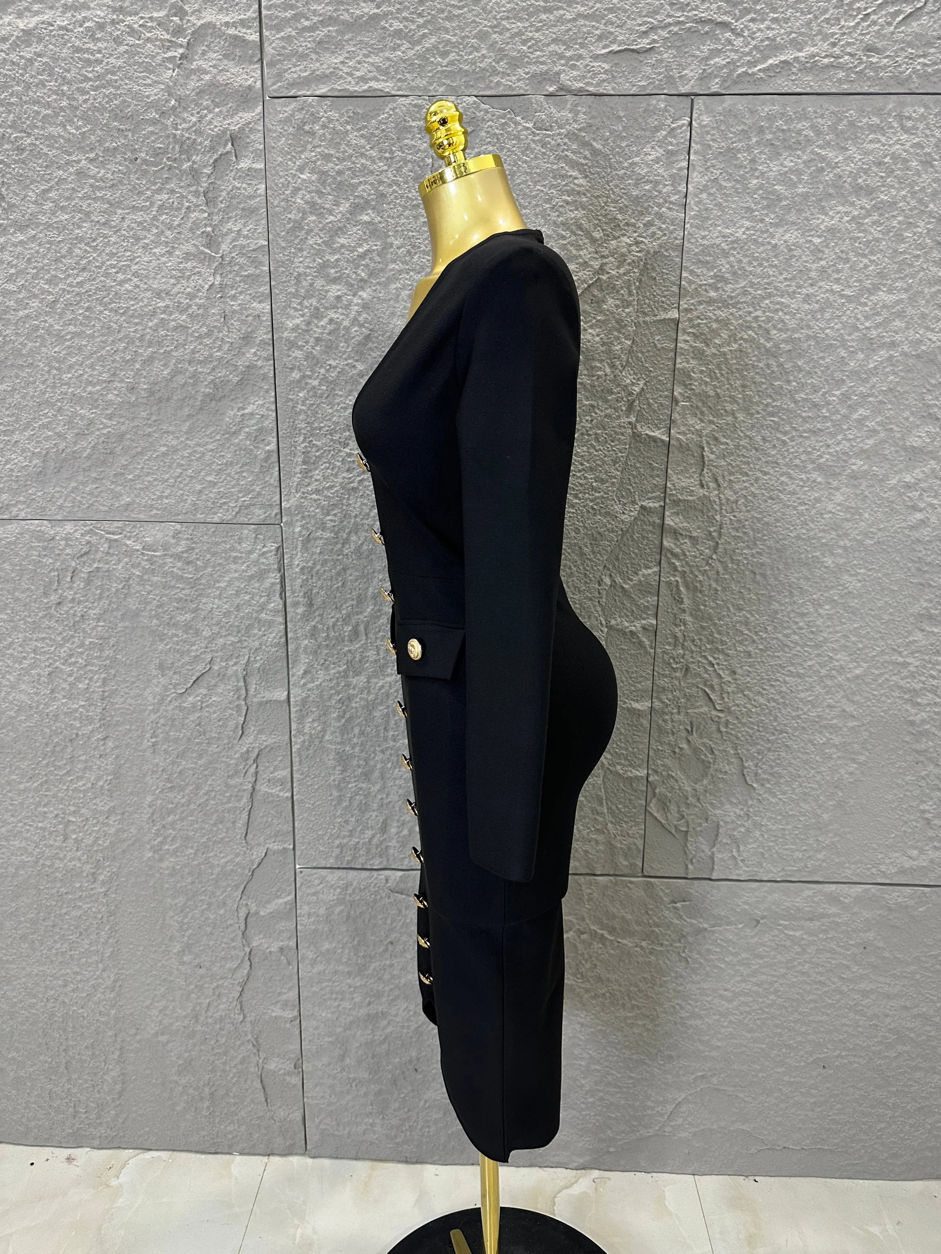 Elegant Black Deep V-Neck Midi Dress Women Sexy Long Sleeve Gold Button Form-Fitting Evening Party Cocktail Party Costume