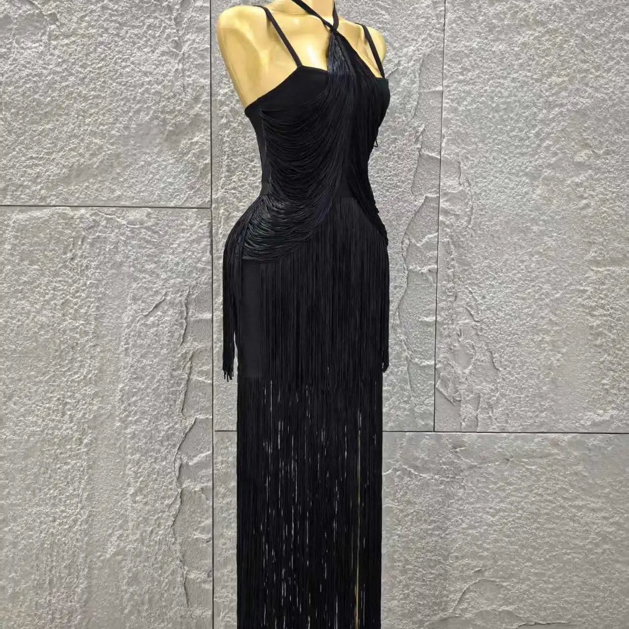 Black Color Women Sleeveless Sexy V-Neck Tassels Bodycon Long Bandage Dress Celebrate Evening Party Cocktail Outfit Vestido