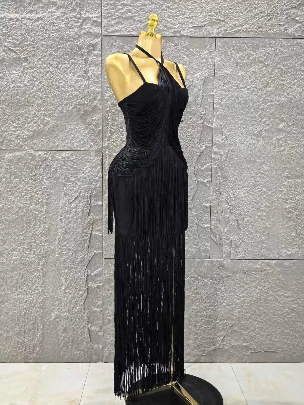 Black Color Women Sleeveless Sexy V-Neck Tassels Bodycon Long Bandage Dress Celebrate Evening Party Cocktail Outfit Vestido