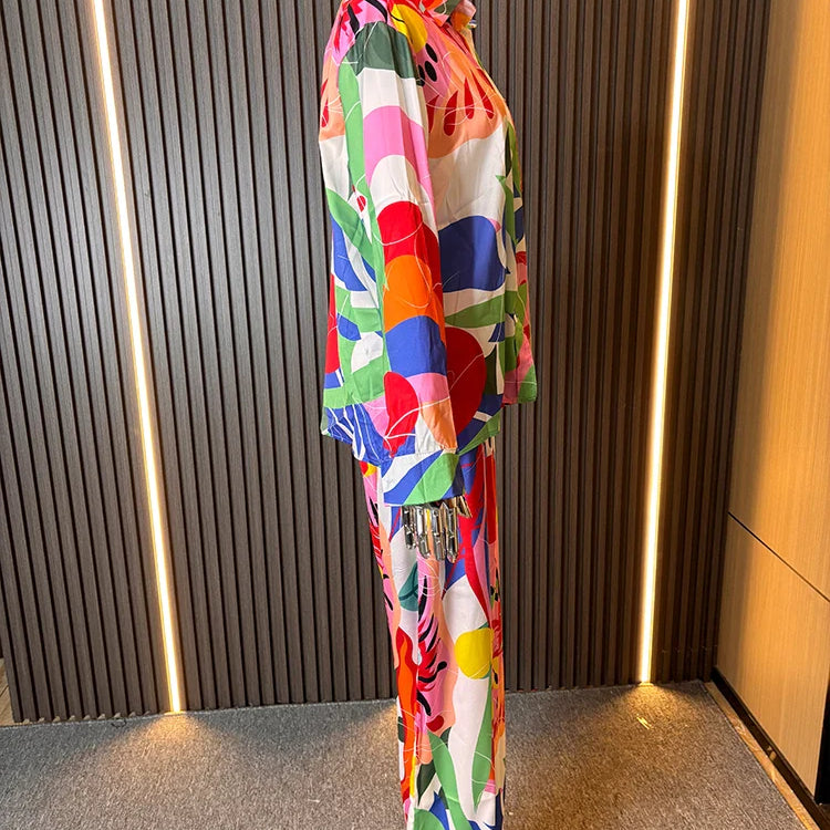 ZARATRASnew summer women's new trousers suit lapel loose silk texture shirt + positioning printed wide leg pants