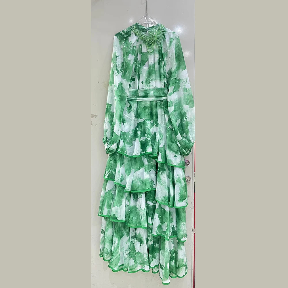 Hit Color Sheer Spliced 3D Flower Dresses for Women Round Neck Long Sleeves Patchwork Ruffles Folds Dress Female GREEN