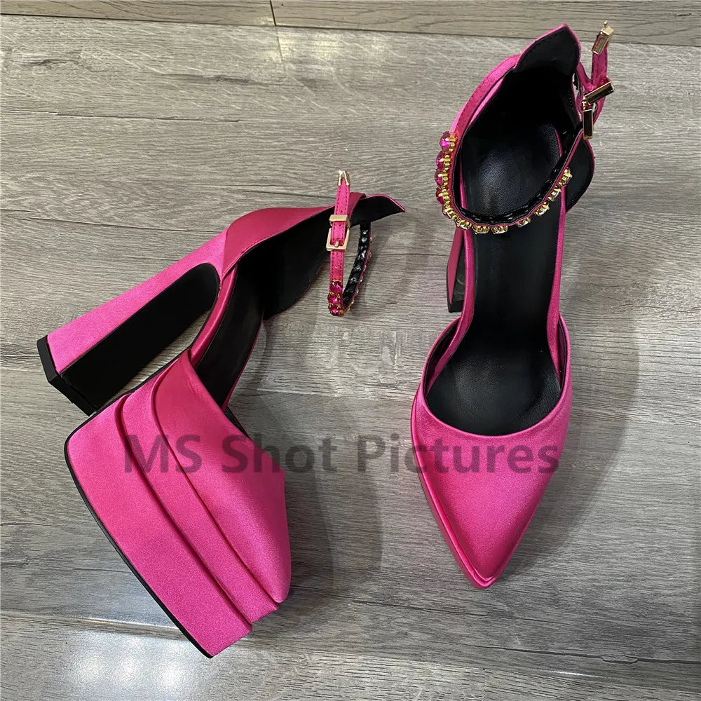 Luxury Women High Heel Shoes Platform Sandals Pointed Toe Woman Silk Pumps Sexy Rhinestone Buckle Chunky Heel Wedding Shoes 2024