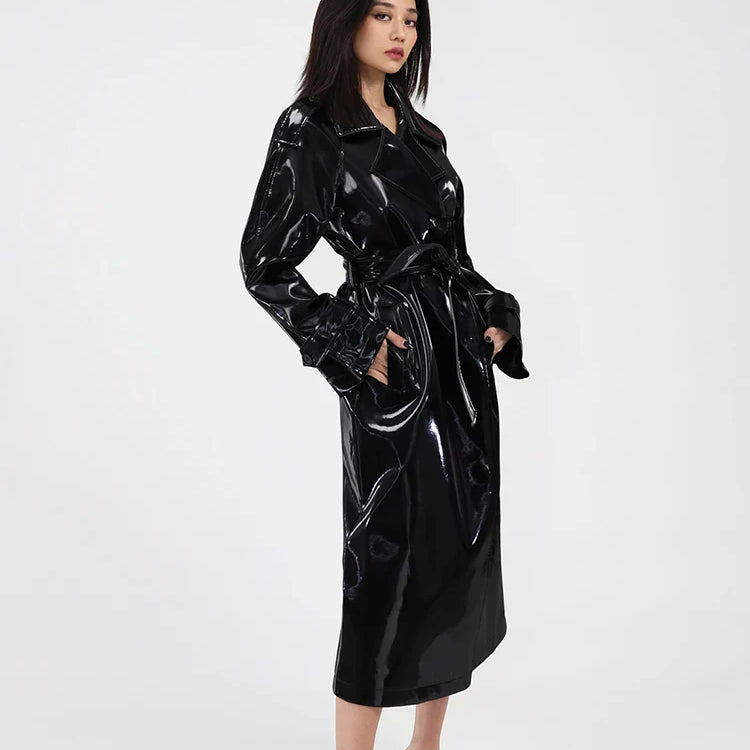 Spring Autumn Long Shiny Reflective Patent Leather Trench Coat for Women Sashes Luxury Designer Runway European Fashion