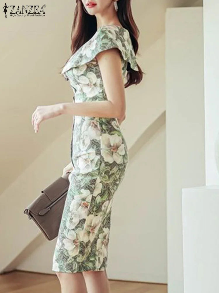 ZANZEA Summer Slimming Sundress Elegant Wrap Hips Dress Women Ruffle Flower Printed Mini Dress Holiday Short Sleeve Buttons Robe