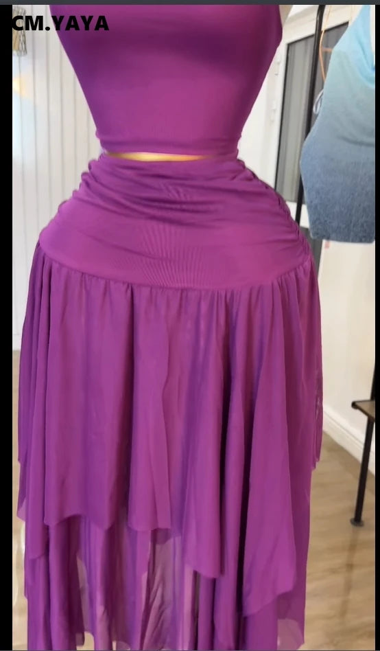 Women Tie Up Shoulder Sleeveless Knit Tank Top and Irregular Maxi Long Skirt Suit 2025 Summer Two 2 Piece Set Outfits