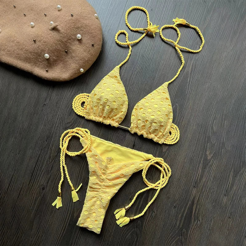 Para Praia Hollow Out Bandage Swimwear Halter Bikini Set Thong Swimsuit Women Biquini Brazilian Bathing Suit Beachwear 8285