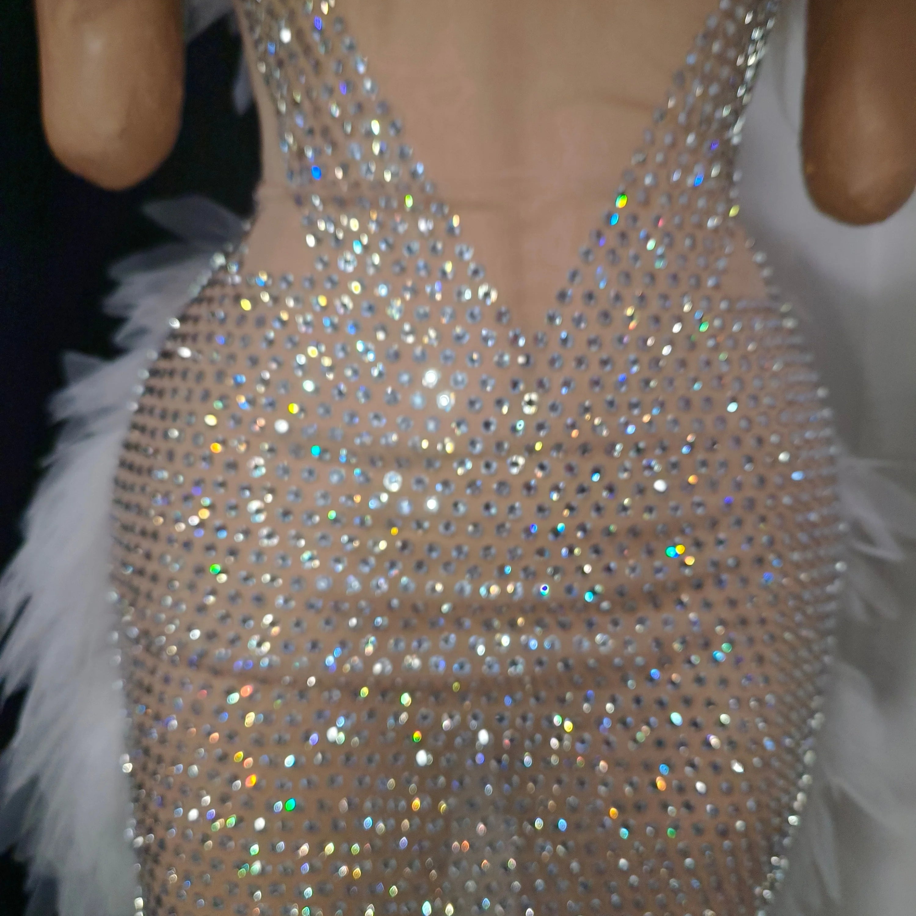 Bridal Shower Nightclub Birthday Party Dress Elegant Lace White Crystal Rhinestone Sheer Illusion Neck Tulle Mesh Mini Dress