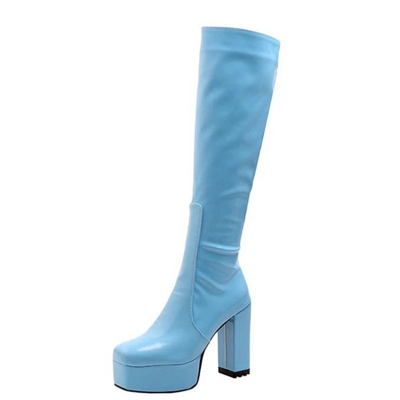 SIMLOVEYO Platform Knee High Boots Toe Block Heels Rubber Size 34-43 Black White Blue S2729 Blue