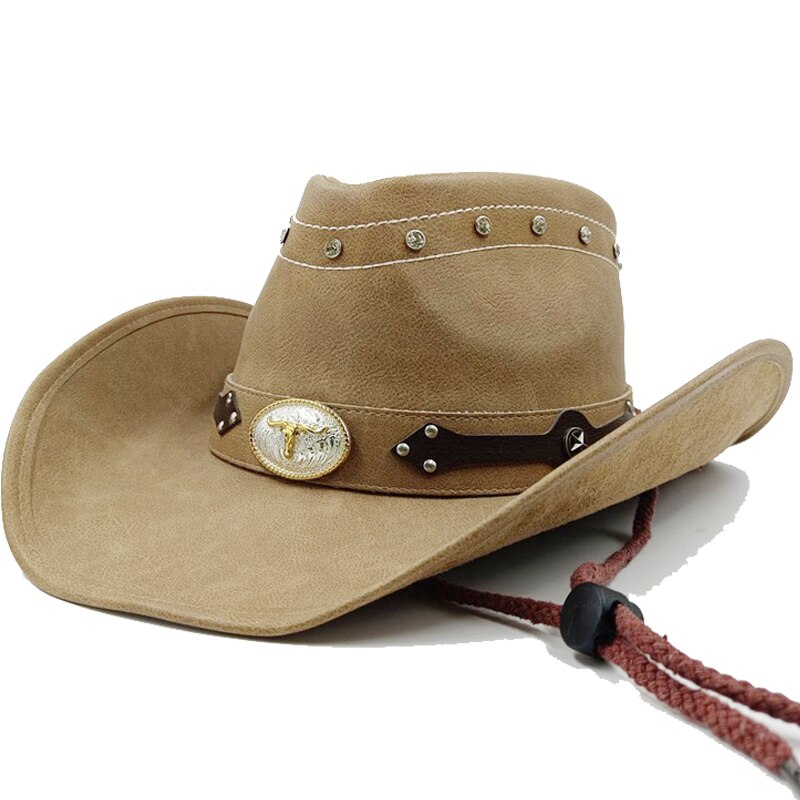 Retro Unisex Vintage Wide Brim Leather Cowboy Cowgirl Western Hat With Tassel Braid Leather Band Size 58-59CM 3 56-58cm
