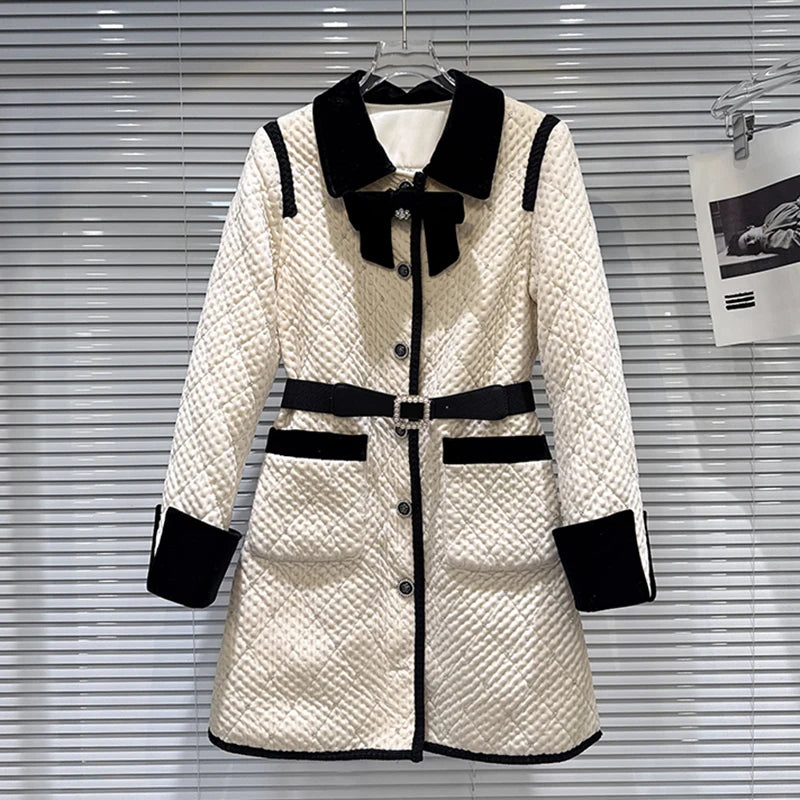 Winter New Fashion Velvet Bow Beaded Cotton Liner Long Trench For Women Elegant High-end Windbreaker Female 11A07766 beige