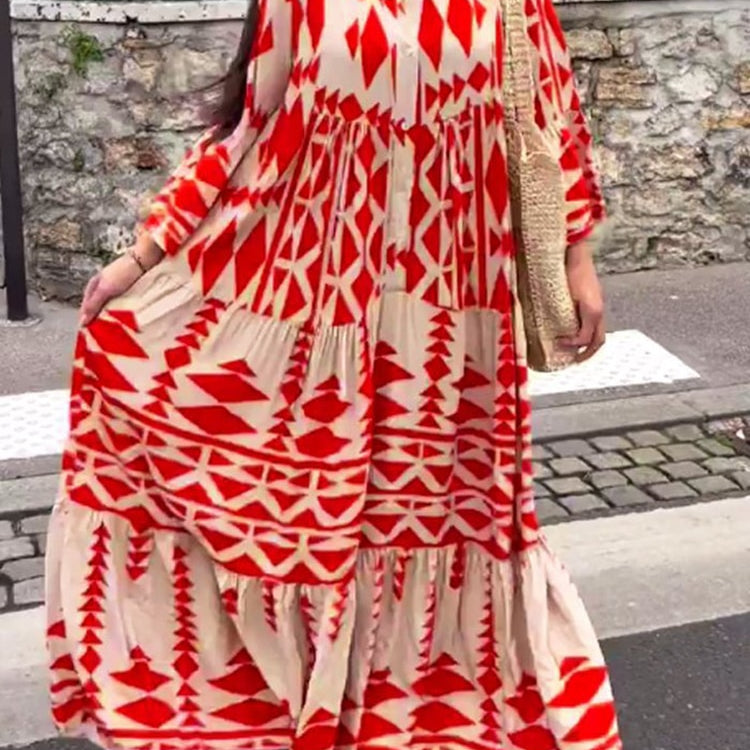 Women Print Shirt Maxi Dress Summer Vintage Boho Long Sleeve Pleated Dress Ladies Oversize Loose Buttons V Neck Dress Vestido Red