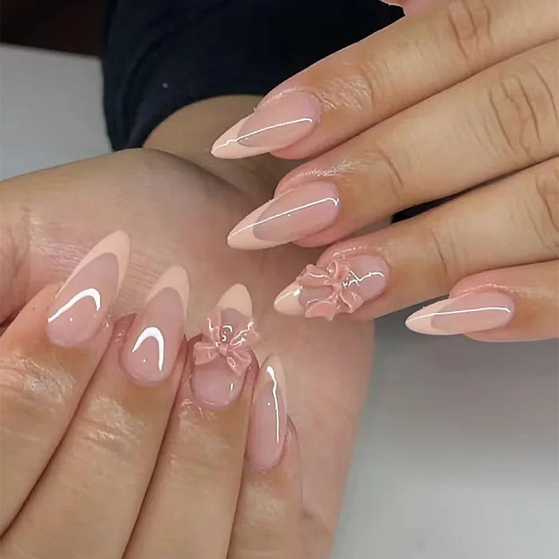 24Pcs Fashion Almond Head Full Cover Nail Tips Nude Pink Oval Press on Fake Nails Short False Nails with Red Love Pattern Design Z975