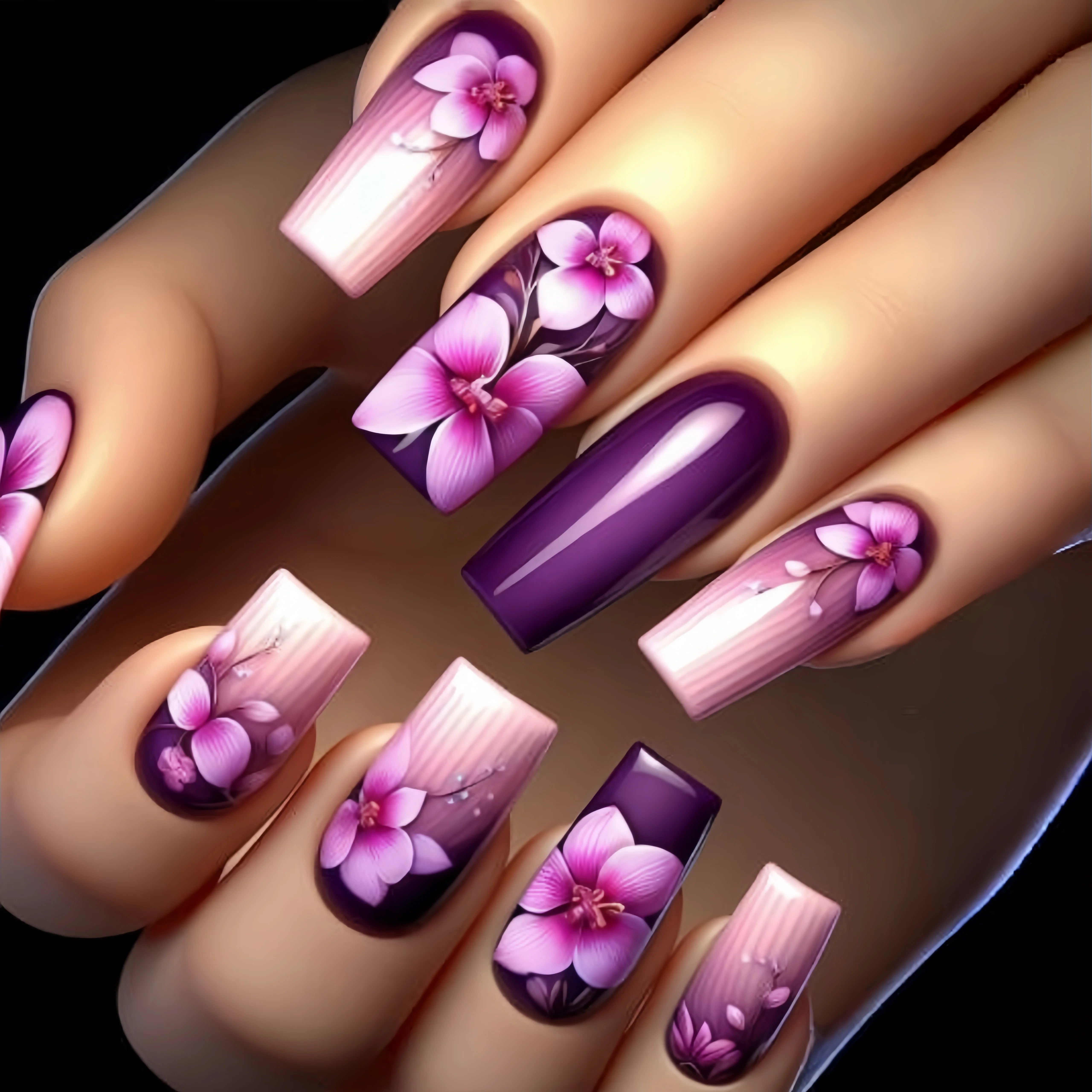 Medium and long square-shaped European manicure, fashionable manicure for New Year and spring and summer, purple gradient flower PURPLE