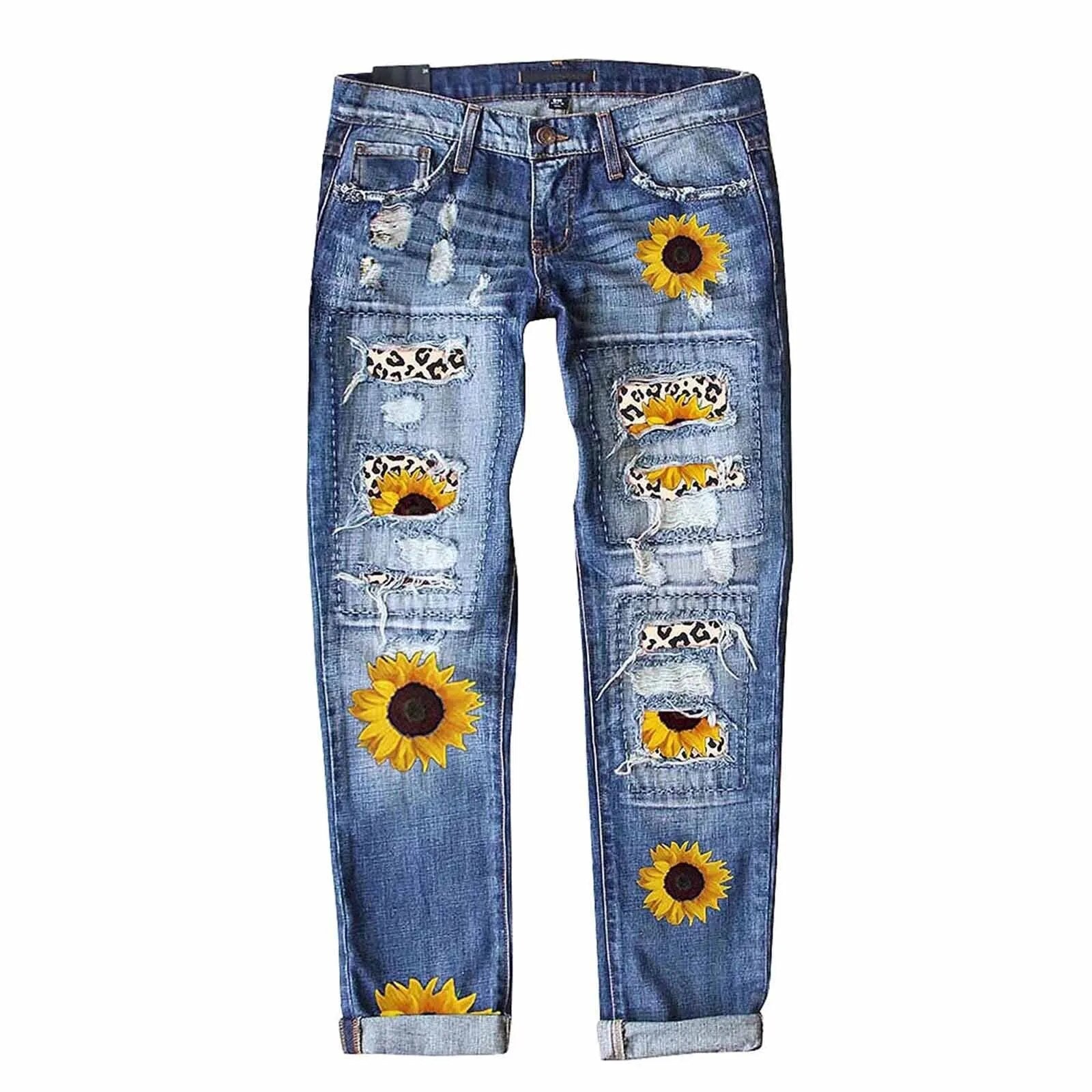 Women's Sunflower Print Ripped Jeans Patchworks Regular Fit Long Casual Denim Jeans Holes Trousers Streetwear Denim Pencil Pants