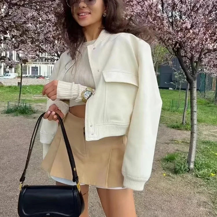 Woman Bomber Jacket Coat White Autumn Winter Button Baseball Aviator Cropped Jackets For Women Long Sleeve Crop Outerwear Beige JK156