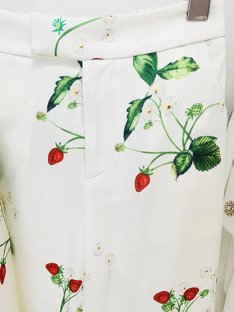 HIGH QUALITY Newest Designer Runway Suit Set Women's Single Button Strawberry Floral Printed Blazer Pants Suit 2pcs