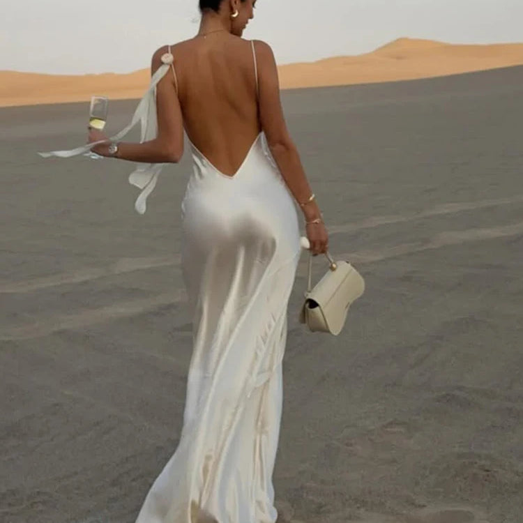 Elegant Solid Satin Ruffles Sling Long Dress Lady Sexy Square Collar Backless Sleeveless Lace Up Robes Chic Women Party Dresses MULTI