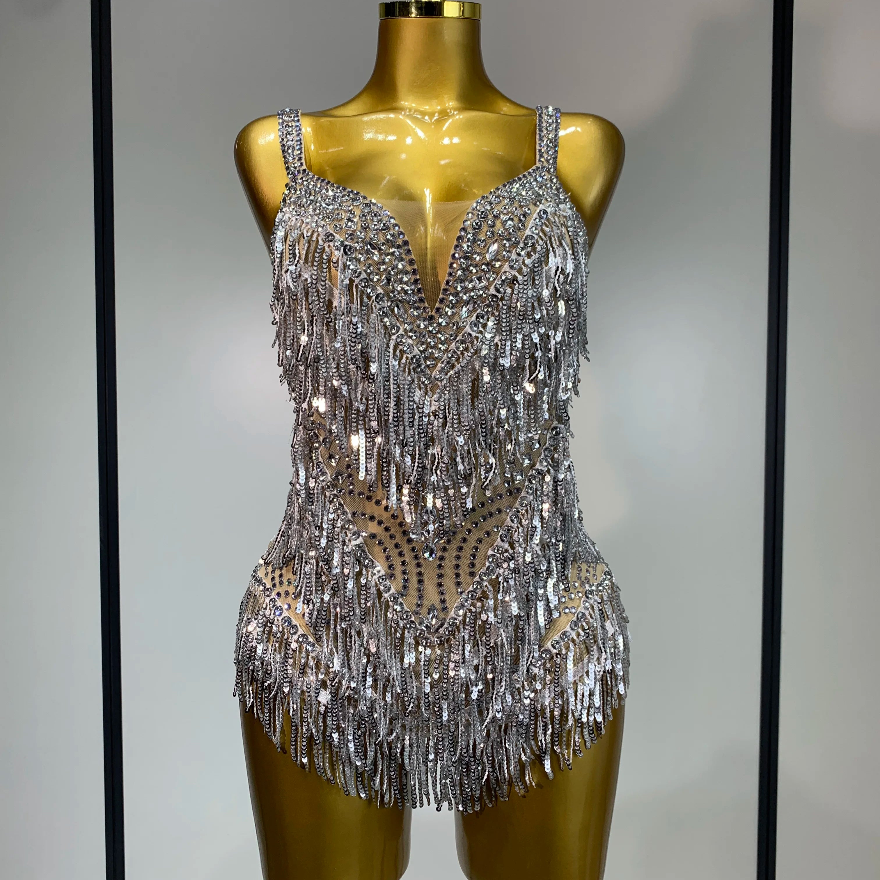 Sparkly Rhinestone Tassel Sexy Backless Mesh Bodysuit Women Luxury Birthday Party Nightclub Bar Dencer Stage performance Costume Silver