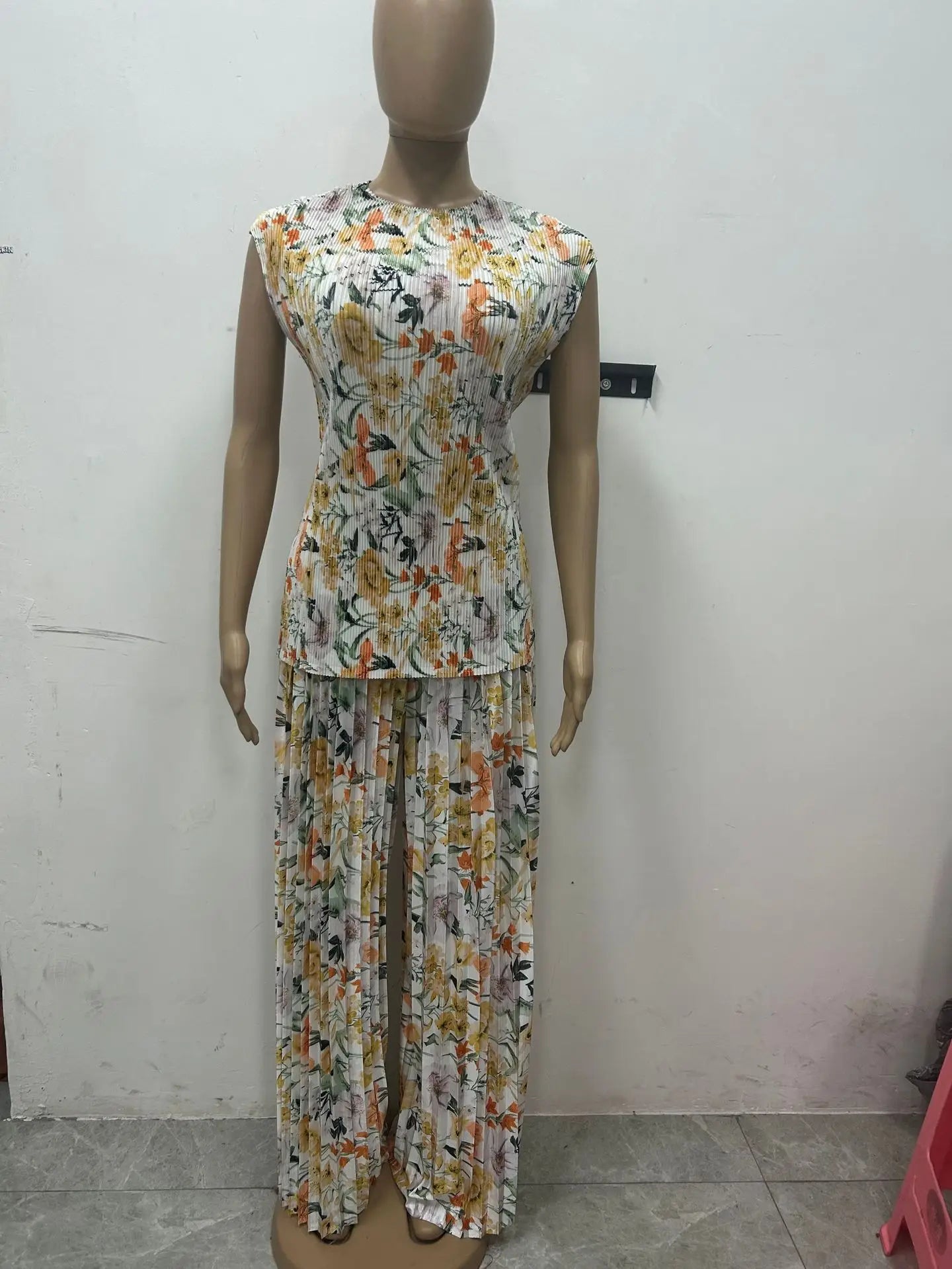 CM.YAYA Women Set Floral Print Short Sleeve Pleated T-Shirt + Wide Leg Pants 2025 Street Sexy Two 2Piece Sets Outfits Tracksuit