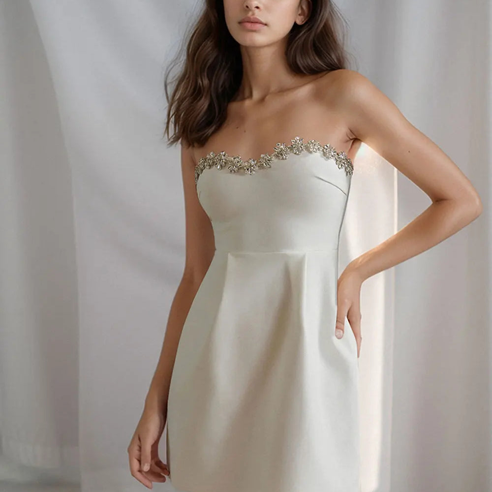 2025 Sexy Women Three-Dimensional Rhinestone Design Dress Strapless Sleeveless A-Line Backless Mini Dress Cocktail Party Vestido
