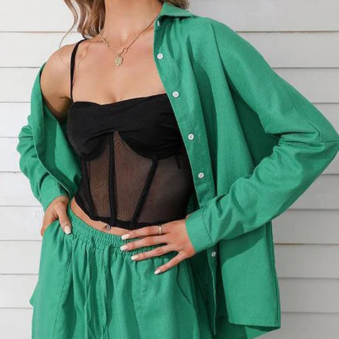 Women's Summer Suit with Pants Summer Loose Wide Leg Trousers Elegant Two Piece Suit Set for Women Buttons T-shirts Outifit