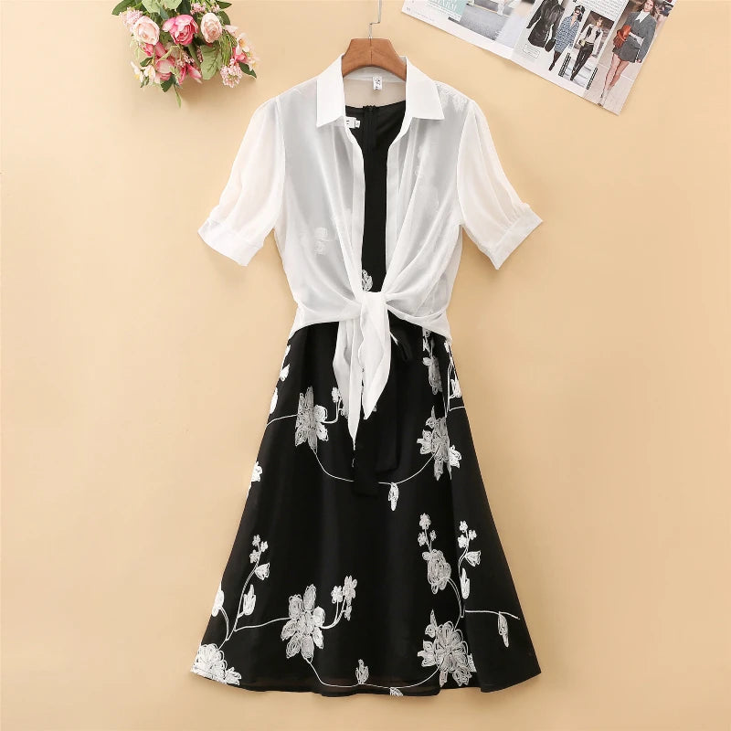 New Elegant Suit Two-piece Dress High Waist Sleeveless Slim A-line Skirt Floral Embroidery White Top Bow Belt Vintage WOMEN