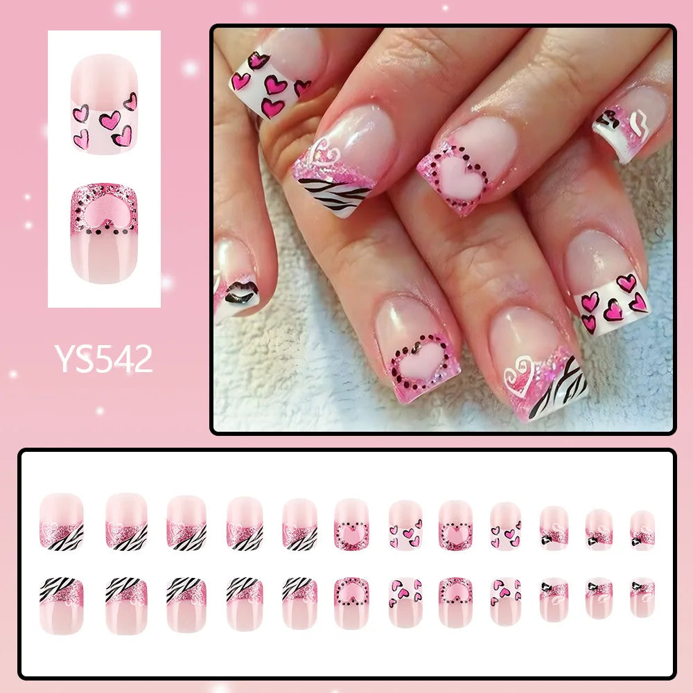 24pcs y2k Black French Press on Nails Short Square Pink Heart Fake Nails Full Cover Wearable Sweet Valentine's Day False Nails 5