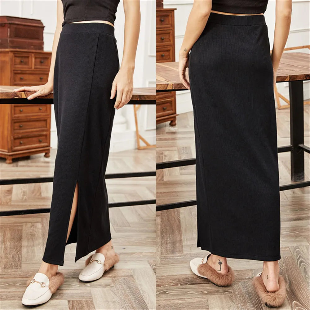 New Women Long Skirt Fashion Ladies Black High Waist Side Slit Maxi Skirts Bodycon Pencil Straight Stretch Club Party Wear